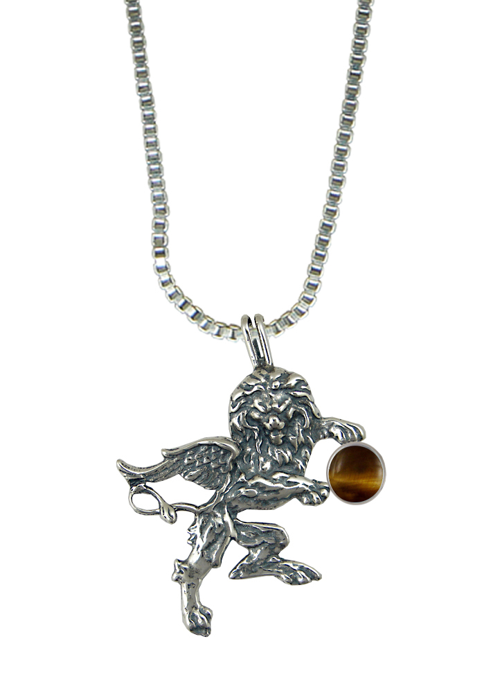 Sterling Silver Winged Lion of the Royal Court Pendant With Tiger Eye